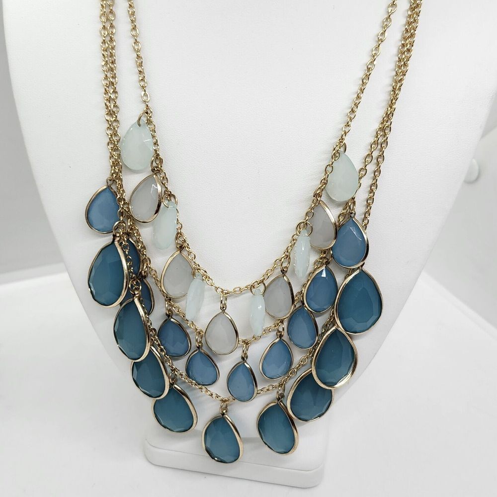 Gold Tone Blue Drop‎ Dangle Triple Strand Necklace